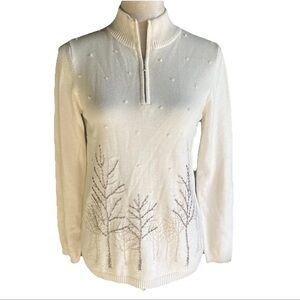 ColdWater Creek Beaded Winter Sweater XS Ivory White/silver Beading Cottagecore